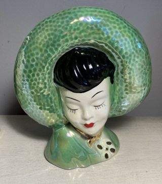 Vtg Royal Copley Iridescent Green Ceramic Lady Head Vase Planter Wall Pocket Vgc