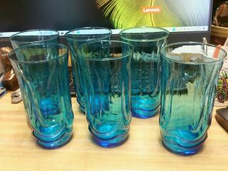 6 Vintage Anchor Hocking Laser Blue Colonial Tulip Tumblers 6.  75 Inch 25 Oz.