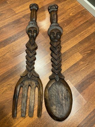 Vintage 38 " Inch Large Wooden Fork And Spoon Wall Decor Carved Faces