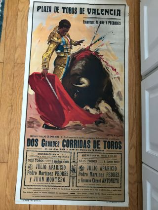 Vintage 1953 Bullfighting Poster Plaza De Toros De Valencia Spain 42 " X21 "