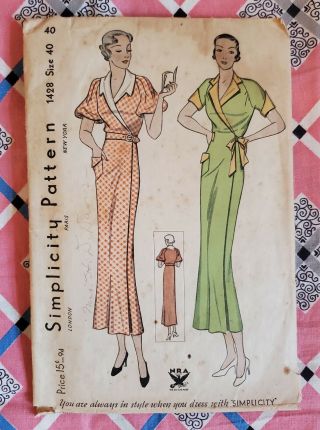 Vintage 1930s 30s Simplicity Hooverette Wrap Dress Pattern 1428 Size 40 Bust 40