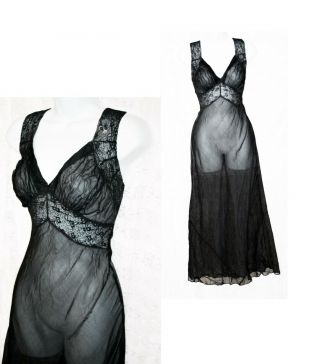 Vtg 30s Black Sheer Chiffon Lace Negligee Nightgown S
