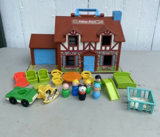 Vintage 952 Fisher Price Little People Play Family Tudor House Furniture Blue 80