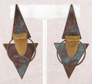 1970s - Large Vintage Artisan Brutalist Copper & Brass Art Earrings