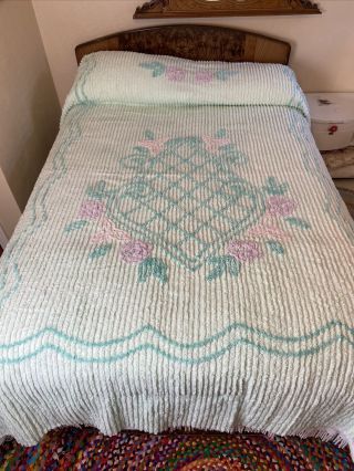 Vintage Full Or Queen Chenille Bedspread Turquoise Flowers