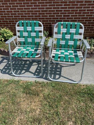 Vintage Mid Century Aluminum Webbed Folding Beach Lawn Chairs Green White