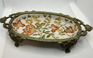 Vintage Antique Hua Rong Tang Zhi Soap Dish Porcelain Brass Footed Trinket Tray