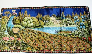 Vintage P&c Italian Woven Velvet Peacock Tapestry Wall Hanging Size 38in X 19in