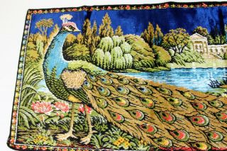 Vintage P&C Italian Woven Velvet Peacock Tapestry Wall Hanging Size 38in x 19in 3