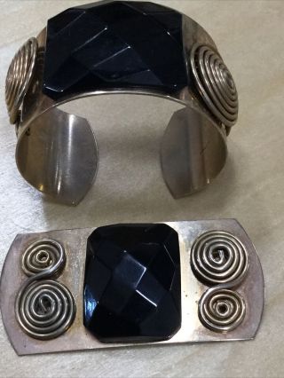 Vintage Deco French Bl Bakelite N Metal Cuff Bracelet N Pin Set Vvg