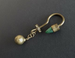 Vintage Casa Maya Mexico Copper Brass Green Stone Modernist Bell Key Ring