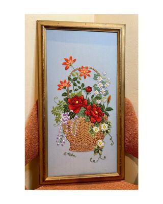 Vintage Framed Crewel Floral Artwork