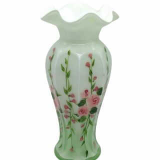 Vintage Green Cased Glass Vase Hand Painted Roses Ruffle Top 8 " See Video