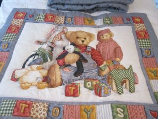 Vintage Blue Jean Teddy Bear Nursery Bedding Comforter & Bumper Pad