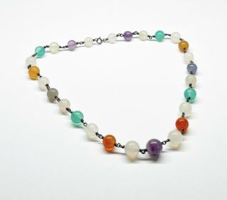 Vtg 1920s - 30s Pools Of Light Style Polished Agate & Gem Beads Sterling Necklace
