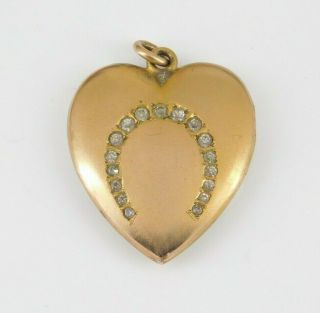 Antique Victorian Gold Filled Rhinestone Horseshoe Heart Photo Locket Pendant