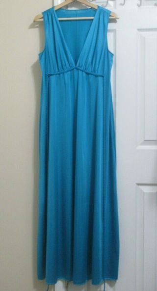 Vtg " Vanity Fair " Turquoise Nylon Long Nightgown Lingerie Sz 36