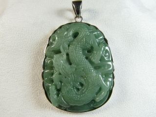 Vintage Nf Large Sterling Silver 925 Carved Green Jade Dragon Pendant Necklace