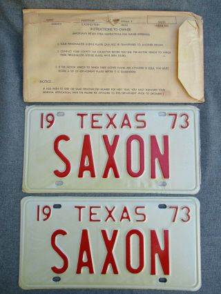 Vintage 1973 Matching Pair Set Texas Vanity Car License Plate Saxon Near