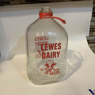 Vintage Lewes Dairy One Gallon Glass Milk Bottle Farmhouse Rustic Accent Decor