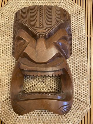 Vintage Hawaiian Tiki Mask Hand Carved Wood Wall Hanging.  12” Tall Ready To Hang