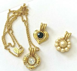 Vintage Signed Nolan Miller Crystal Rhinestone Heart Pearl Pendant Necklace Set