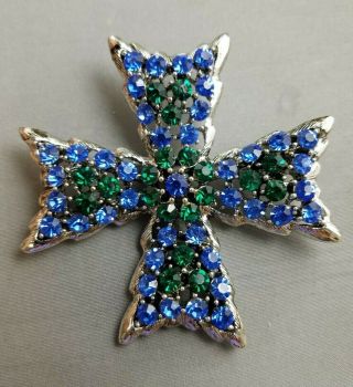 Vtg Weiss Silver Tone Maltese Cross W/ Blue & Green Rhinestones Brooch Pin