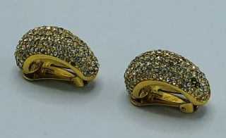 Vtg Christian Dior Half Hoop Clip - On Earrings Pave Rhinestone Gold Tone
