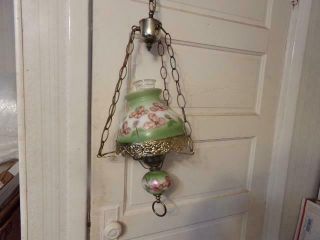Vintage Milk Glass Hand Painted Flowers Hhanging Lamp Hanging Hurricane Style