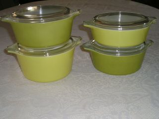 Vtg Pyrex Set X4 Verde Green Yellow Round Casserole Dishes 471/472 W/lids