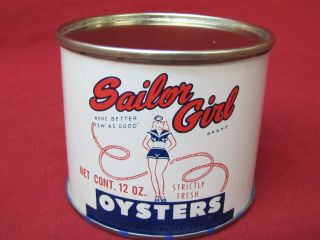 Vintage Sailor Girl Brand 12oz Strictly Fresh Oyster Tin Can With Lid 2