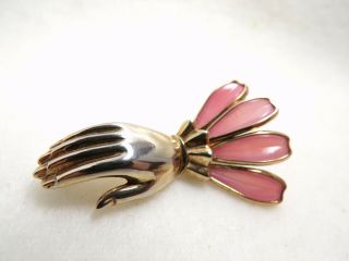 Rare Vintage Trifari (unsigned) Hand Brooch With Pink Poured Milk Glass Cuff.
