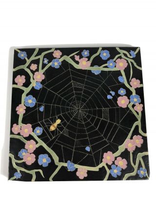 Vintage Spiders Web Decorative Tile Trivet Black Whimsical Folk Art 1960s 8.  75 "