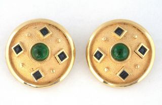 C.  1970 - Les Bernard - Wide Vintage Gripoix Glass Gold Plated Earrings