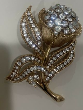 Estate Vintage Crown Trifari Rhinestone Goldtone Flower Pin