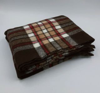Faribo Challenger Acrylic Blanket Brown Plaid Fringe W/ Orig Bag 53x49 Usa Vtg
