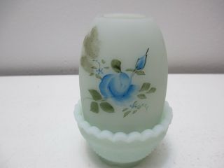 Vintage Fenton Glass Fairy Light Lamp Candle Holder Blue Roses Blue Satin Signed