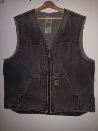 Vtg Usa Carhartt Faded Blacksherpa Lined Canvas Work Vest Mens Size Xl