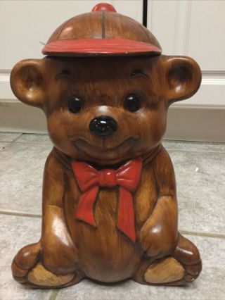 Treasure Craft Teddy Bear Cookie Jar Red Bow Tie And Baseball Cap 12” Vintage
