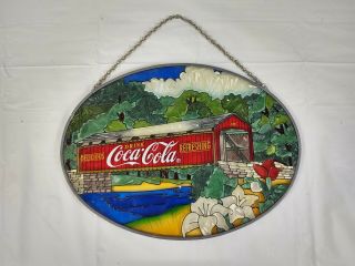 Vintage 1997 Coca Cola Stained Glass Covered Bridge Oval Shaped Advertising Art