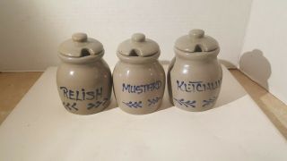 Vintage 1995 Bbp Beaumont Brothers Pottery Condiment Jars Ketchup Mustard Relish