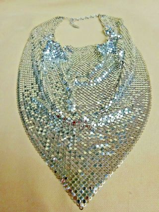 Vintage Huge Whiting & Davis Silver Mesh Bib Necklace Folded Scarf Collar