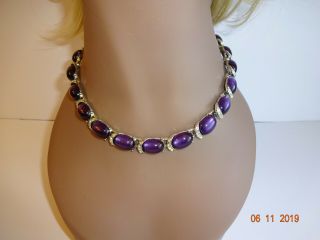 Vintage Coro Necklace Choker Purple Cabochons Rhinestones Silver Tone Signed