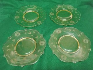 4 Vintage Yellow Lancaster Glass Jubilee Plates Hand Etched Depression 8.  5 "
