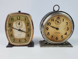 Vintage Pair Alarm Clocks Ingram Penguin Copper Bezel & Big Ben Loud Alarm Parts