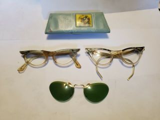 2 Pairs Of Vintage Childrens Cat Eye Glasses,  Green Polaroid Clip Ons & Case