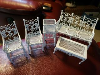 Vintage Dollhouse White Wicker Mesh Wire Wought - Iron Furniture Patio Plant Stand