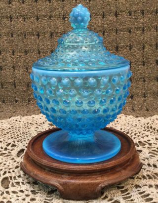 Vintage Blue Opalescent Hobnail Fenton Glass Footed Candy Dish Jar & Lid