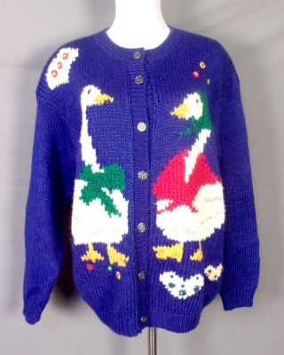 Vintage 80s 90s Karen Scott Chunky Ugly Christmas Sweater Cardigan Geese Goose M