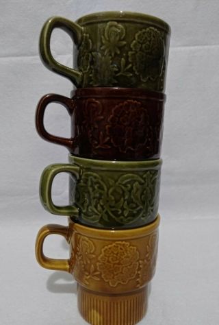 Vintage Stackable Ceramic Glaze Mugs 4 Cups Mid Century Modern Japan Green Brown
